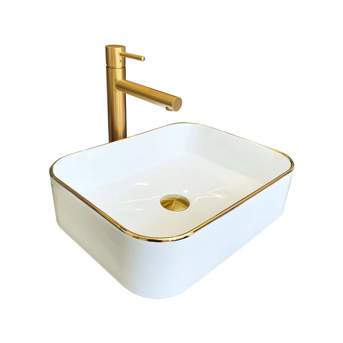 Cuba para Banheiro Cerâmica Branca e Dourada Retangular 45cm Reno RC 9001