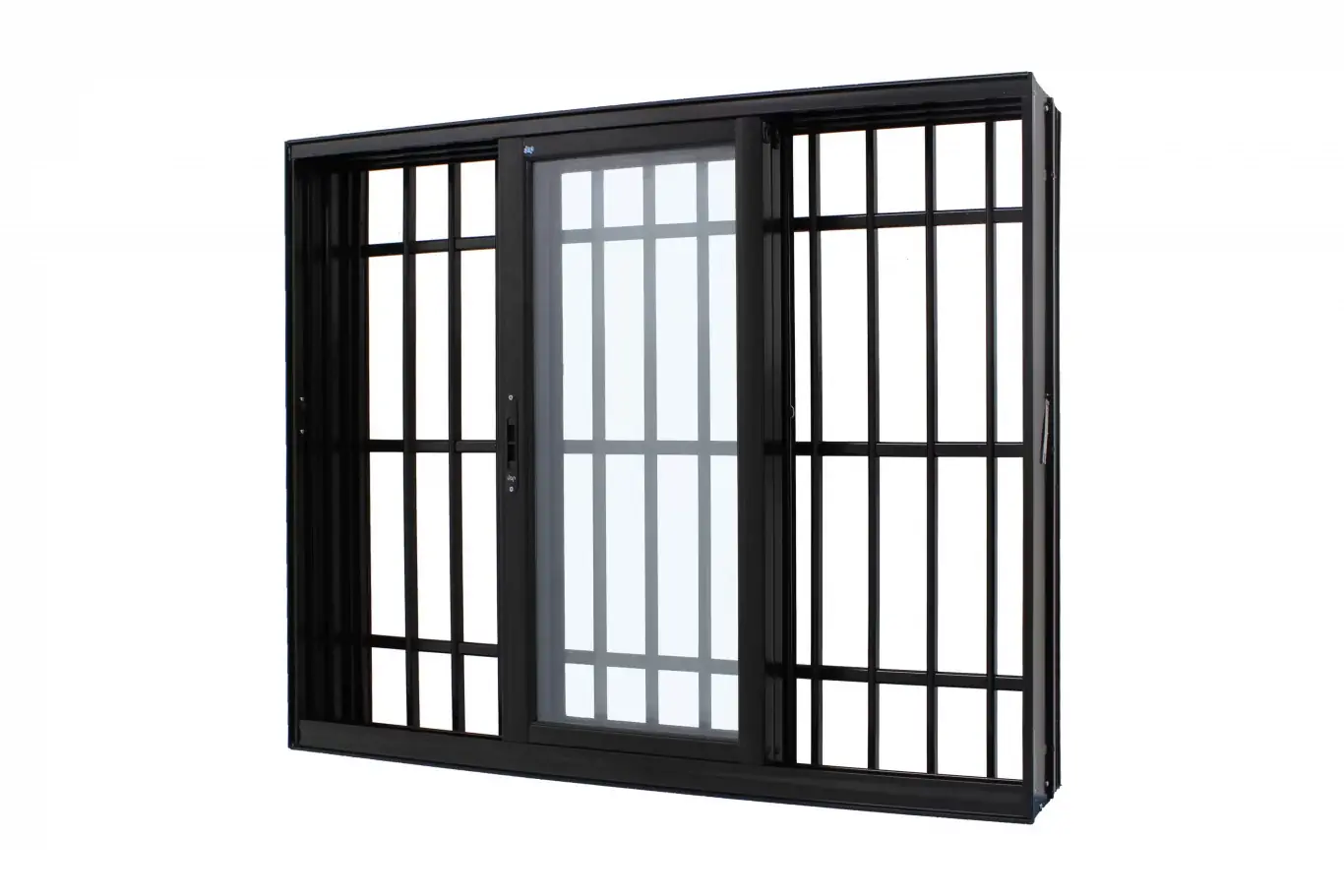 Janela De Correr Alumínio Preto 60x240x16cm 3 Folhas Móveis Com Grade Perfecta Max Jap