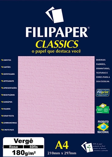 Papel Filipaper Verge 180grs A4 Rosa R.00994 Atacado Pct C/50 Filipaper