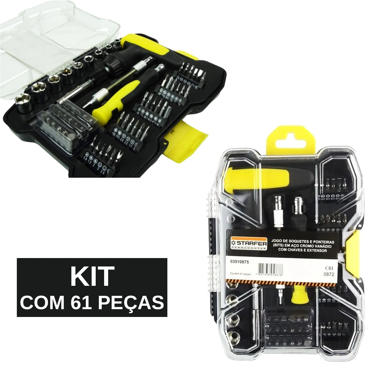 Jogo 61 Peças Soquete Ponteiras Bits Com Chaves Extensor - Starfer