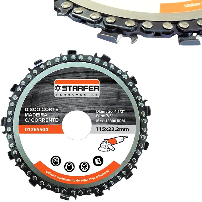 Disco De Corte 4.1/2" Com Lâmina Corrente Motosserra Para Madeira Esmerilhadeira 13 Dentes Starfer 13300rpm