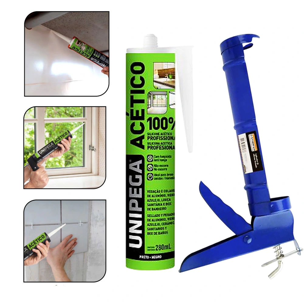 Aplicador De Silicone Fechado E Silicone Acético Veda Pia Preto 280ml Unipega