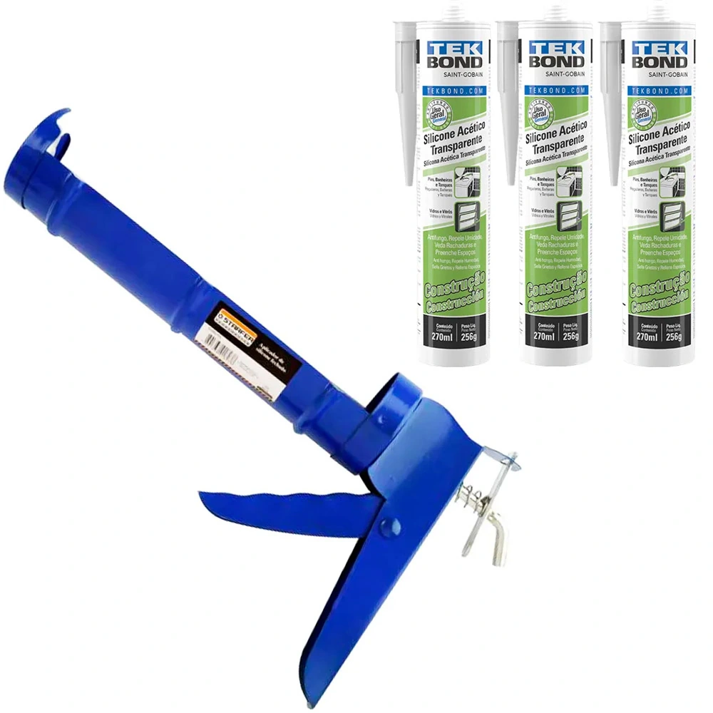 Kit Aplicador De Silicone Fechado + 3 Veda Pia Box Silicone Adesivo Acético Tekbond Incolor 256g