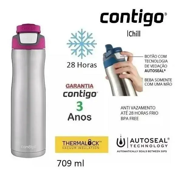 Squeeze Autoseal CHILL ACO INOX 709 ML Rosa BERRY Contigo 162520001713