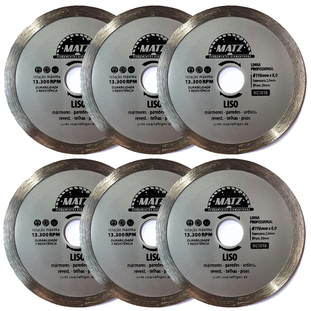 Kit 6 Disco De Corte Diamantado Liso 8mm 110mm X 20mm Matz