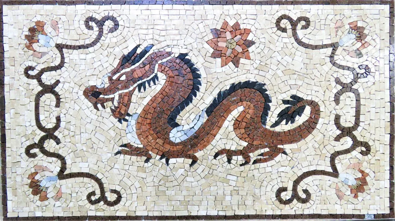 Piso Em Mosaico Dragão Chines Furioso - 130x190cm