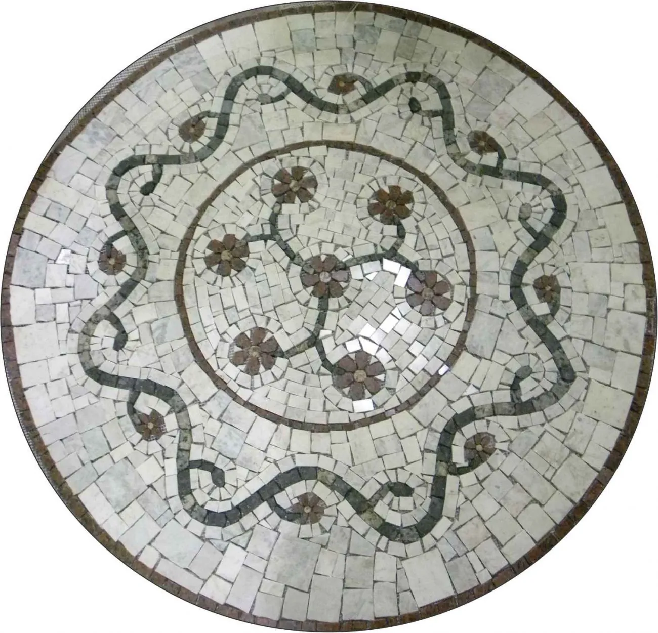 Mandala Mosaico Floral Rosone Fiorellini Veronesi Iii Fundo Marmo Bianco Carrara - 150cm