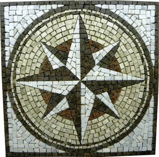 Rosa Dos Ventos Em Mosaico Com Detalhes Em Granito Vermelho - 70cm