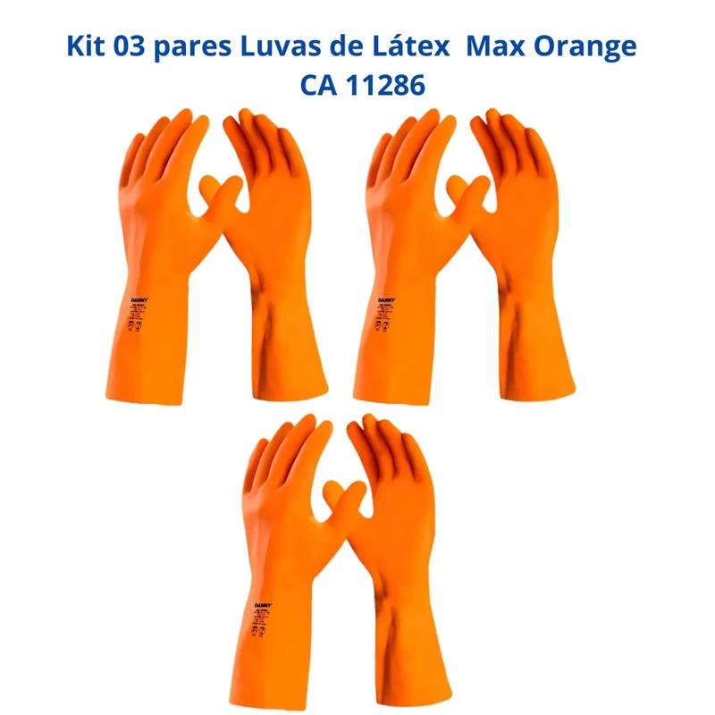 Kit 3 Luvas Látex Laranja Limpeza Reforçada Forrada Max Orange Da208 Danny Ca 11286 Xg