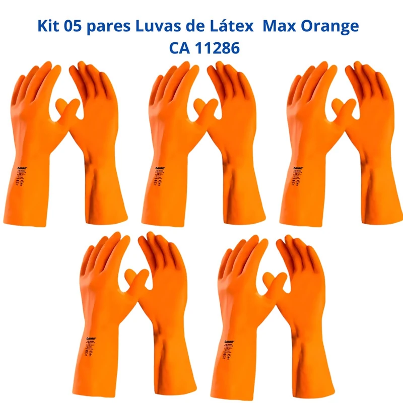 Kit 5 Luvas Limpeza Látex Laranja Reforçada Forrada Max Orange Da208 Danny Ca 11286 Xg
