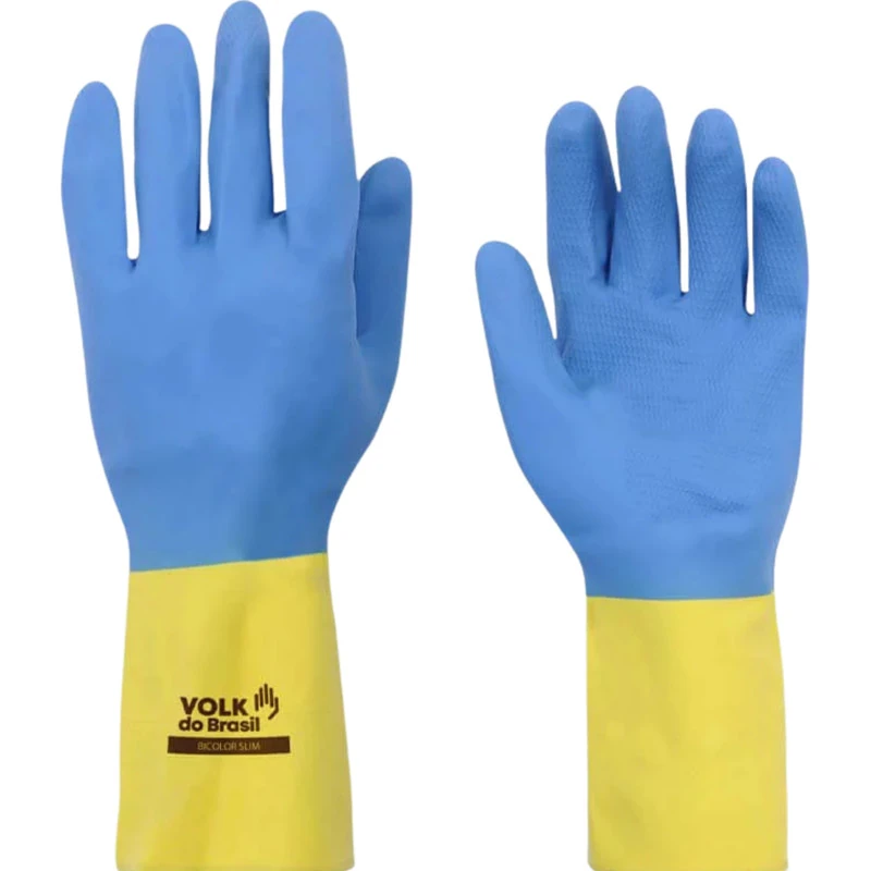 Luva Látex Bicolor Slim Volk Proteção Quimica Limpeza Multiuso Ca 37900 Azul E Amarelo G