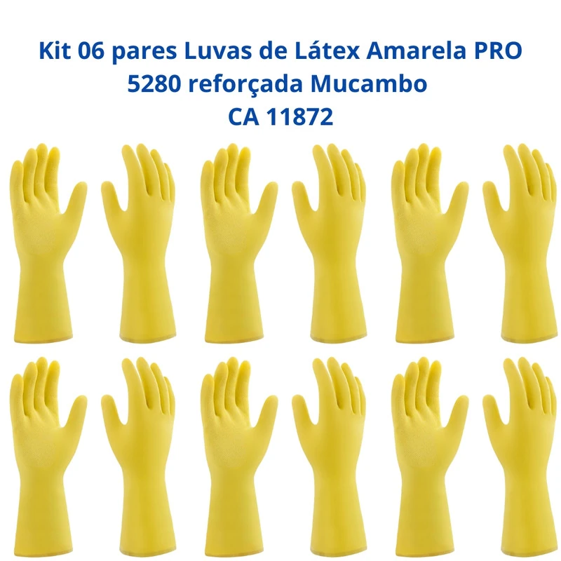 Kit 6 Luvas Segurança Látex Amarela Pro 5280 Reforçada Mucambo Proteção Quimica Limpeza Ca 11872 T9
