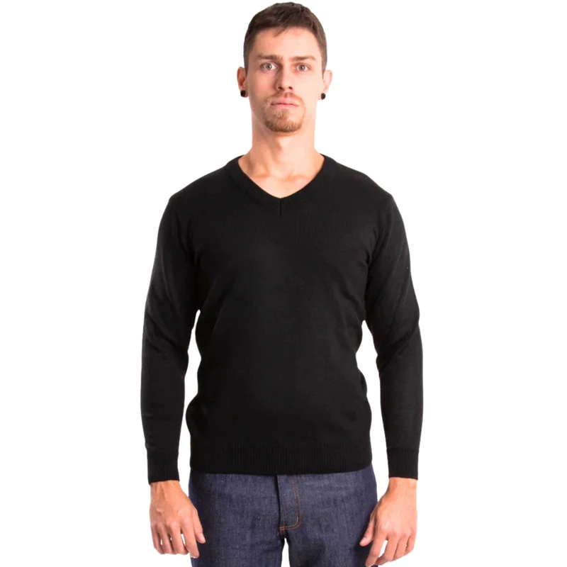 Suéter Blusa De Frio Lã Tricot Manga Longa Gola V Inverno Ex Preto