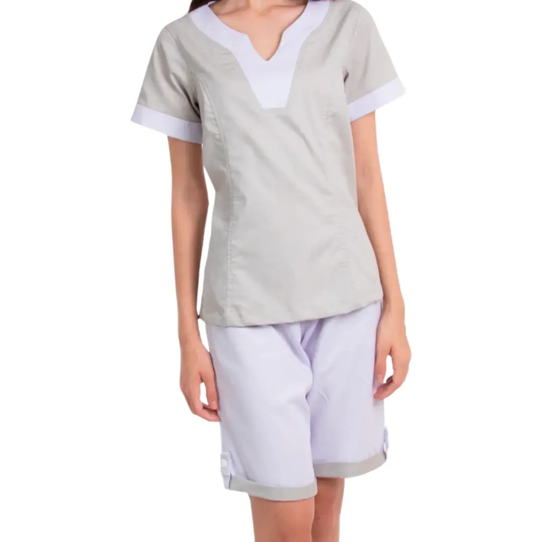 Conjunto Jaleco Bermuda Domestica Camareira Copeira Faxineira Babá Bege E Branco G Branco E Bege