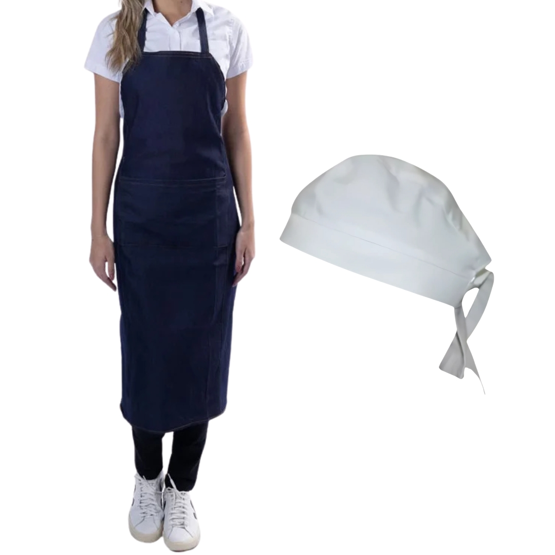 Kit Chef Profissional Avental Bandana Cozinha Restaurante Unissex Avental Jeans Bandana Branca