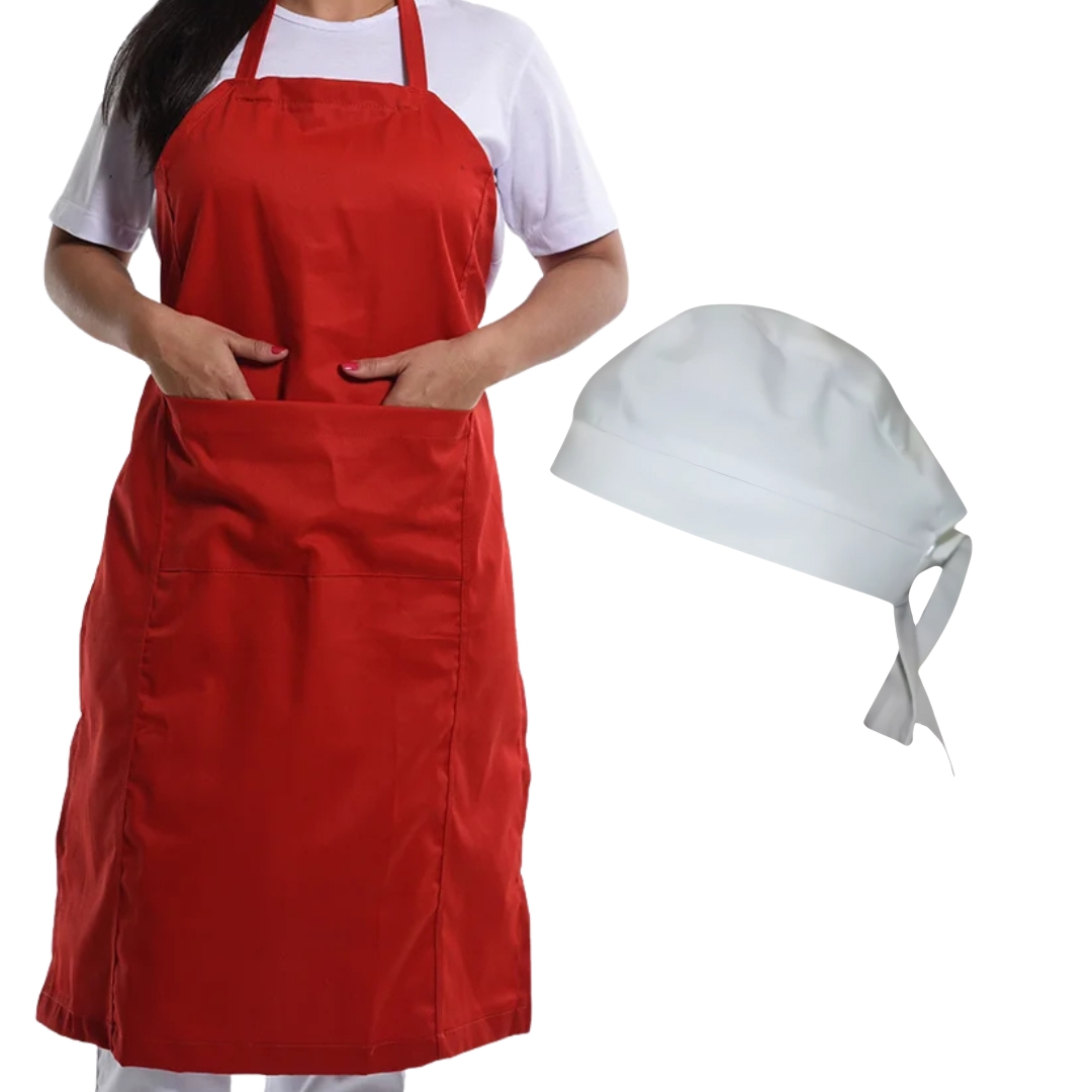 Kit Chef Profissional Avental Bandana Cozinha Restaurante Unissex Avental Vermelho Bandana Branca
