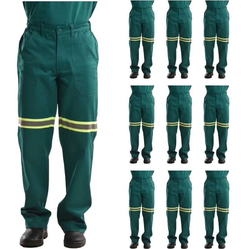 Kit 10 Calças Profissional Uniforme Trabalho Brim Pesado Faixa Refletiva  46 Verde
