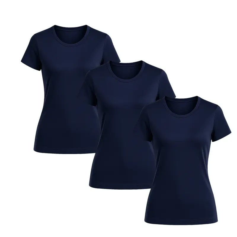 Kit 3un Blusa Camiseta Feminina Baby Look Gola Redonda Pp Azul Marinho