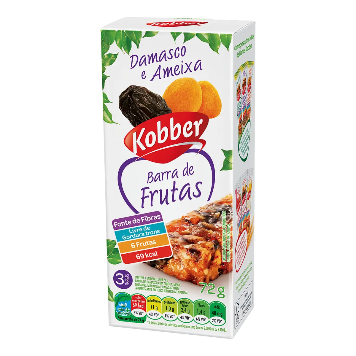 Pack Barra De Frutas Damasco E Ameixa Kobber Pacote 72g 3 Unidades