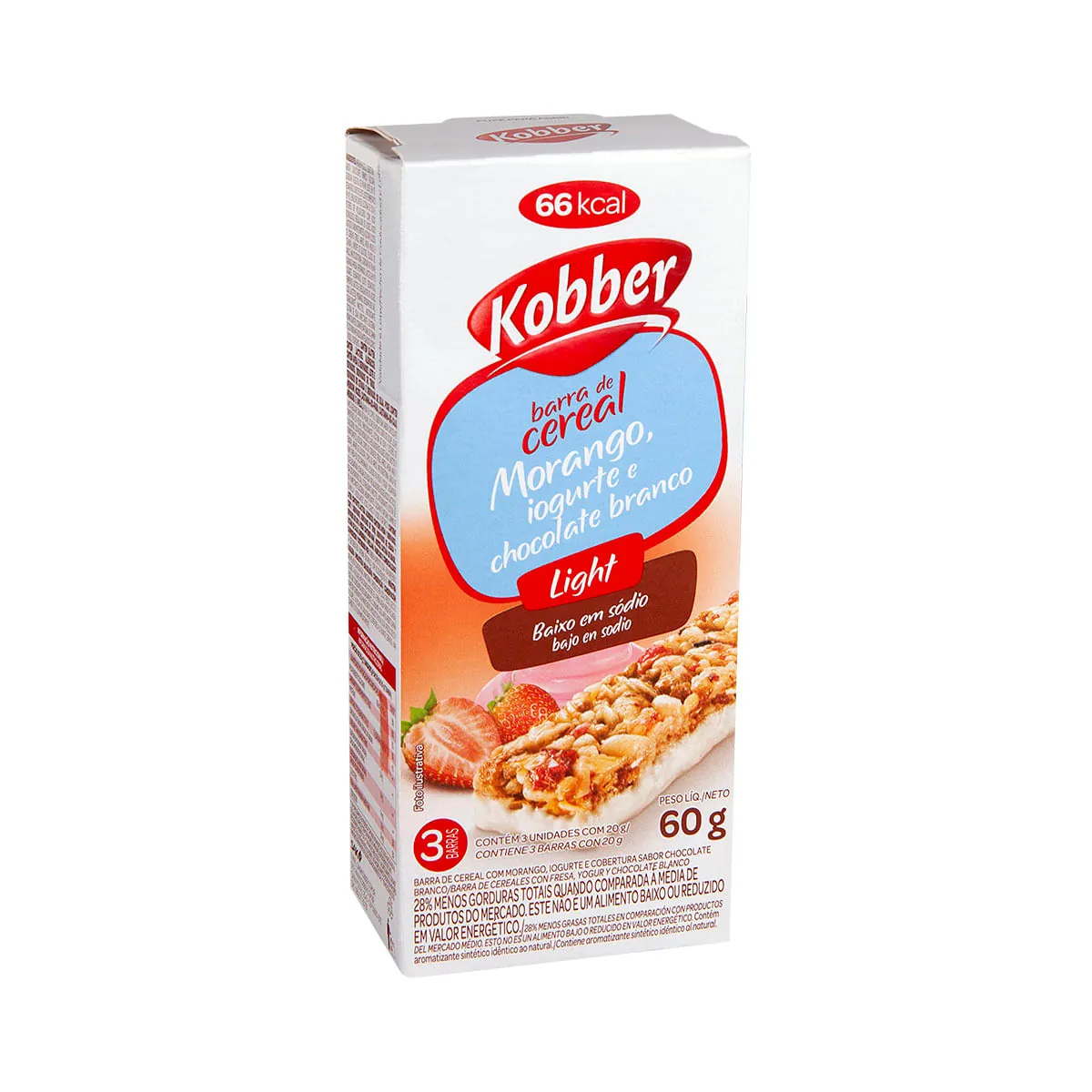 Barra de Cereal Sabor Morango, Iogurte e Chocolate Branco Kobber 60g 3 Unidades