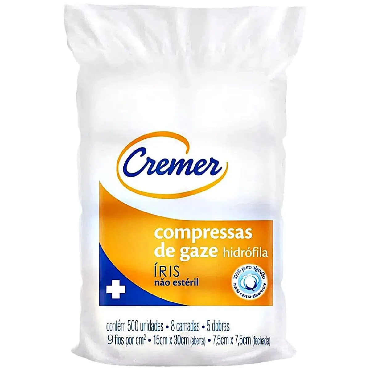 Compressa de Gaze Cremer Iris 9 Fios 7,5cmx7,5cm 500 Unidades