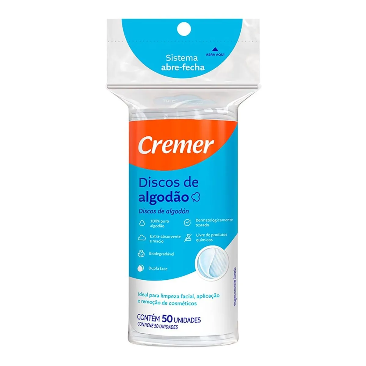 Algodão Em Discos Dupla Face Cremer Pouch 50 Unidades