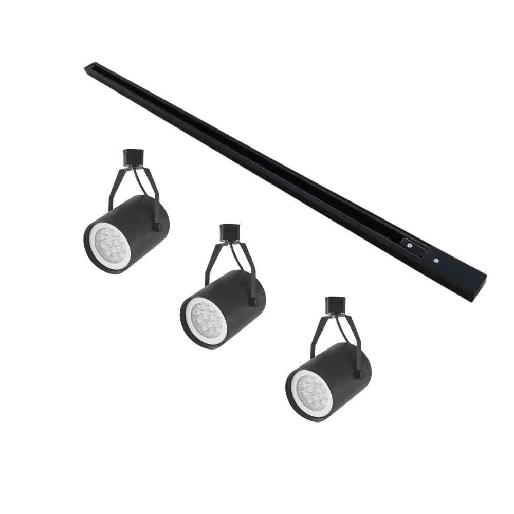 Kit Trilho 1 Metro Com 3 Spots Nordecor Lille Par 30 E27 Bivolt Preto