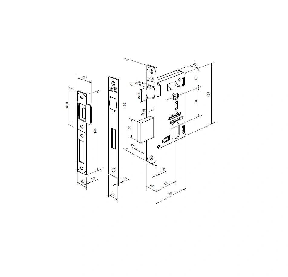 Fechadura Imab Trinco Rolete para Porta Pivotante Cromado 55mm Chave Simples
