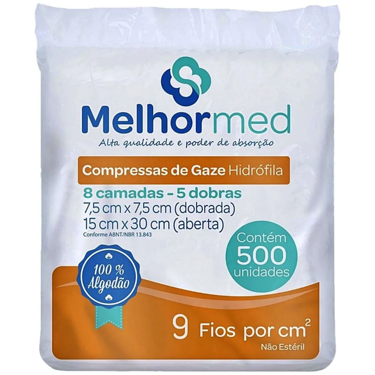 Compressa de Gaze não Estéril MelhorMed - 09 Fios - 7,5cm x 7,5cm - 500 unidades