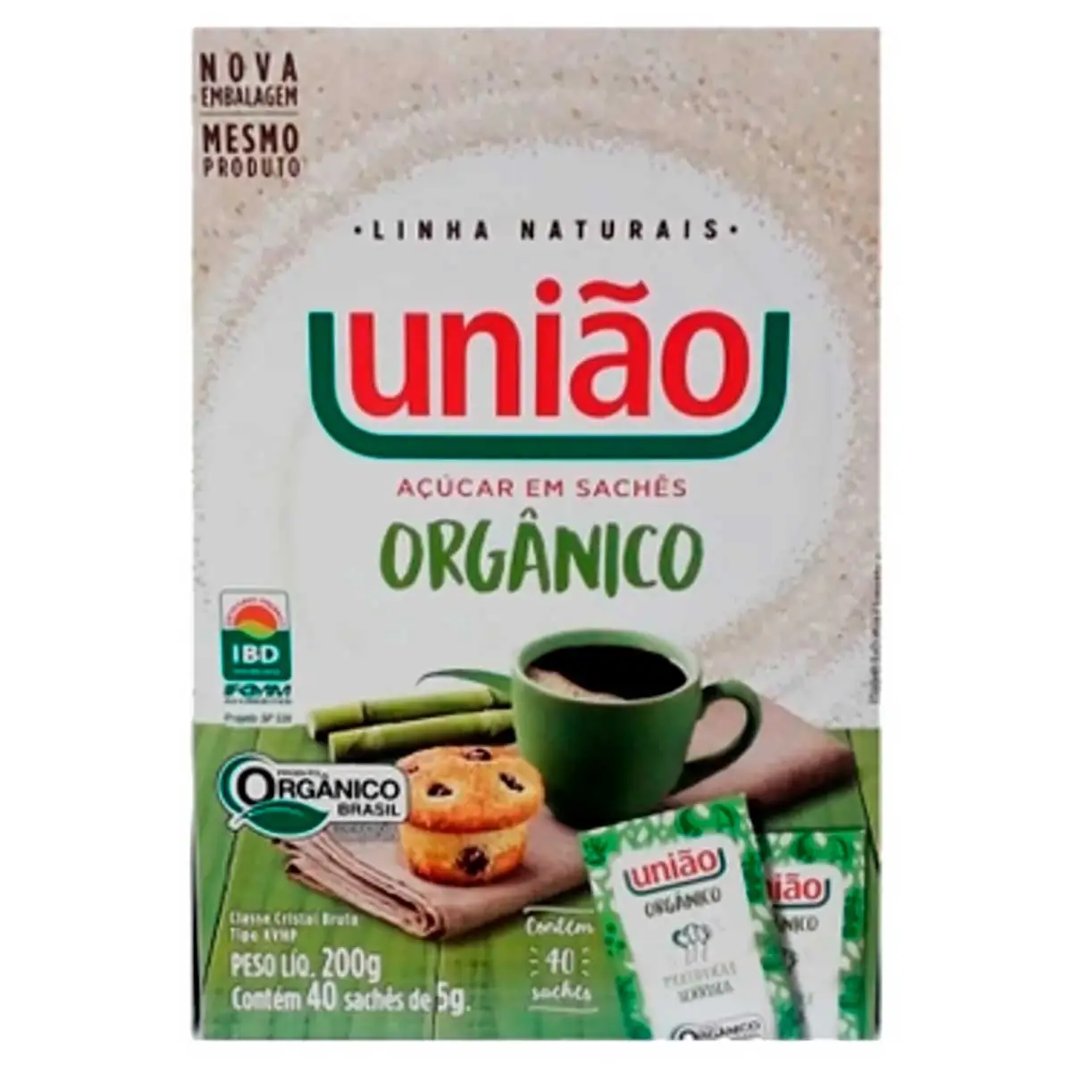 Açúcar Cristal VVHP Orgânico União 200g 40 Unidades