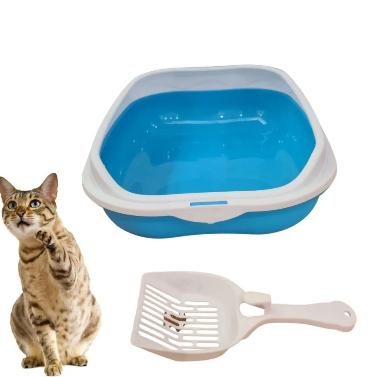 Caixa de Areia Banheiro Higiênica Bandeja Para Pets Gatos com Borda + 1 Pá Coletora Azul