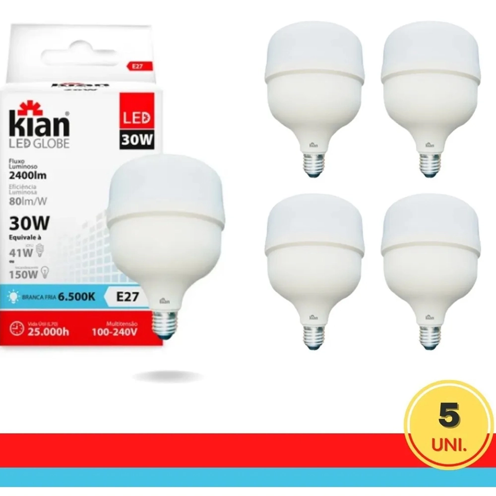 Kit 5 Lâmpada Led Alta Potência 30w 6500k Bivolt Kian