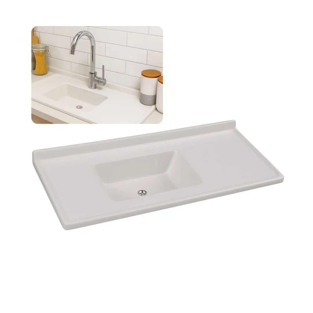 Pia De Cozinha Mármore Sintético Branco 55x100cm Cuba Fibra  Branco