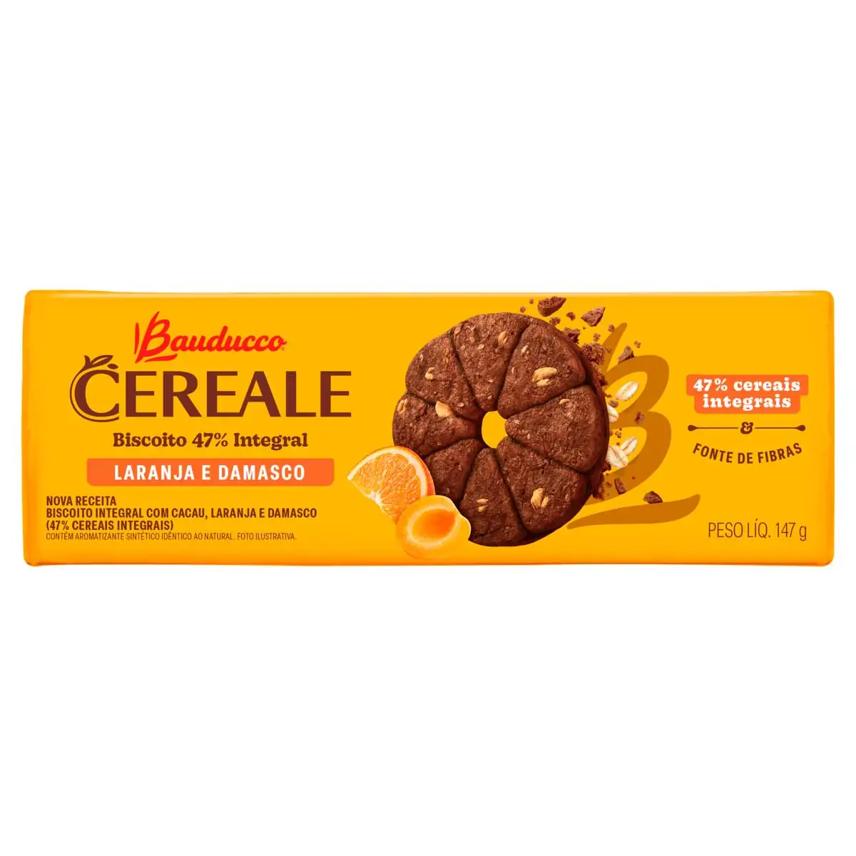 Biscoito Integral de Cacau com Laranja e Damasco Cereale & Frutas Bauducco 147g