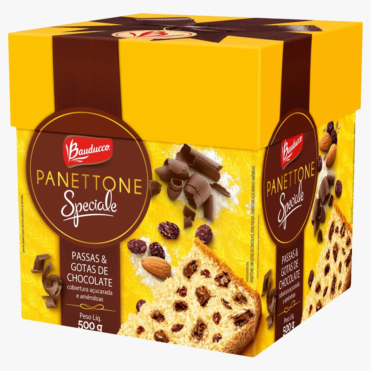 Panettone Com Passas E Gotas De Chocolate Cobertura Açucarada E Amêndoas Bauducco Caixa 500g