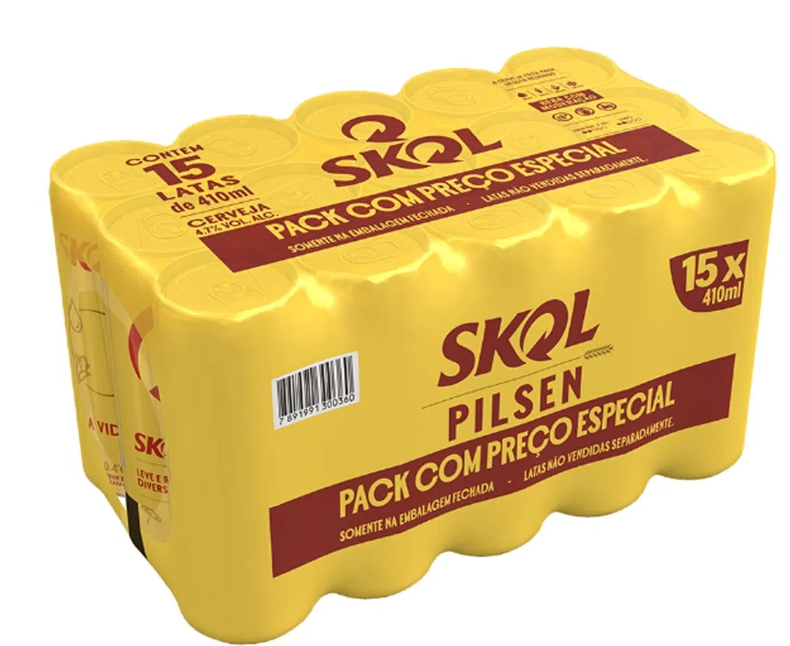 Pack Cerveja Pilsen Skol Lata 15 Unidades 410ml Cada Embalagem Econômica