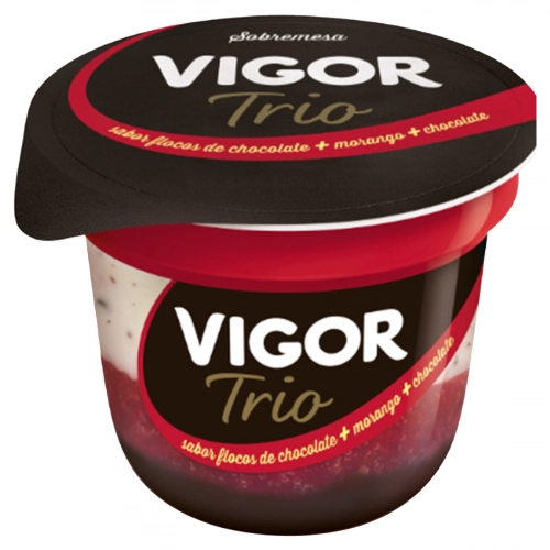 Sobremesa Láctea Flocos De Chocolate Calda Morango E Chocolate Vigor Trio Pote 100g