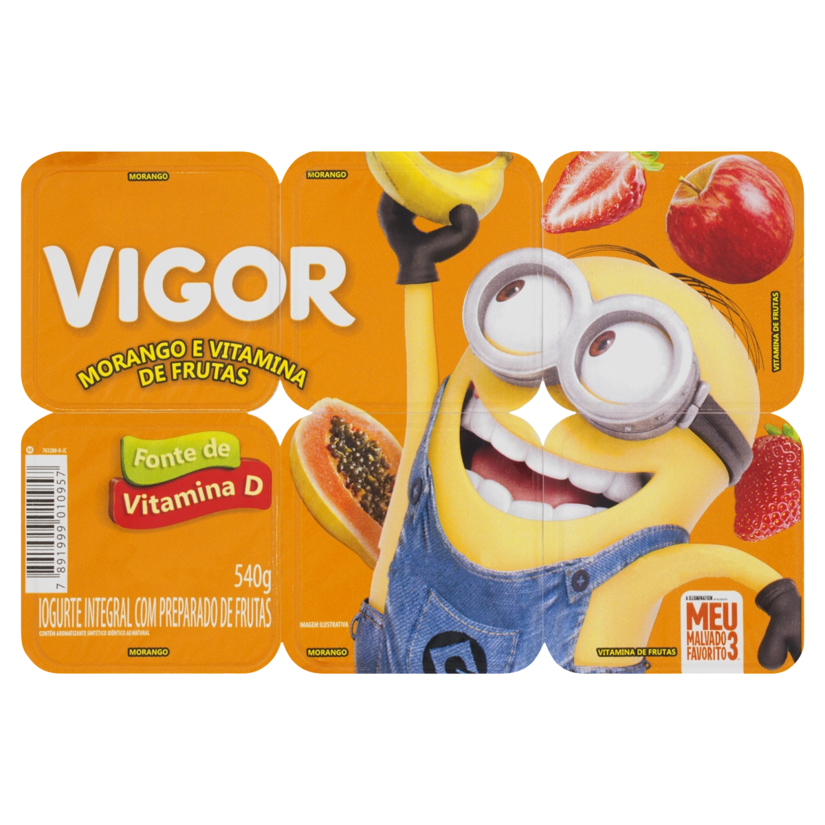 Iogurte Integral Morango Vitamina De Frutas Meu Malvado Favorito 3 Vigor Bandeja 540g 6 Unidades