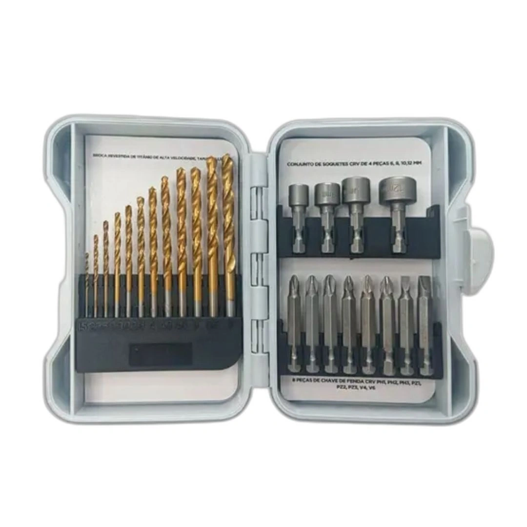 Brocas Madeira Metal Soquetes Crv Bits Fenda Phillips Pz Jogo Kit 24 Pcs C/maleta Lwj-196