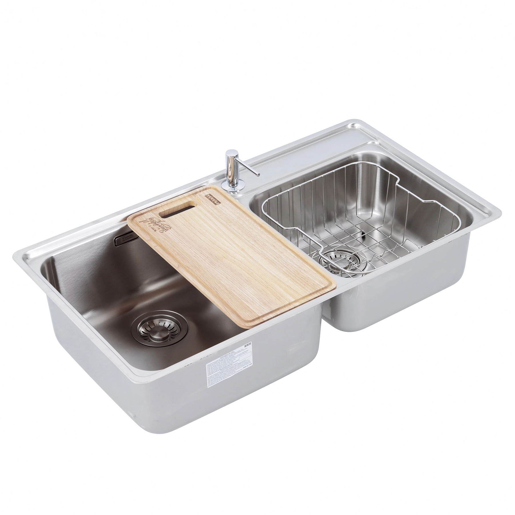 Cuba para Cozinha Dupla Gourmet Sobrepor Inox 304 86x48x20cm 0,8mm 4.1/2" com Tábua Cesto e Dosador de Sabão Bell Franke