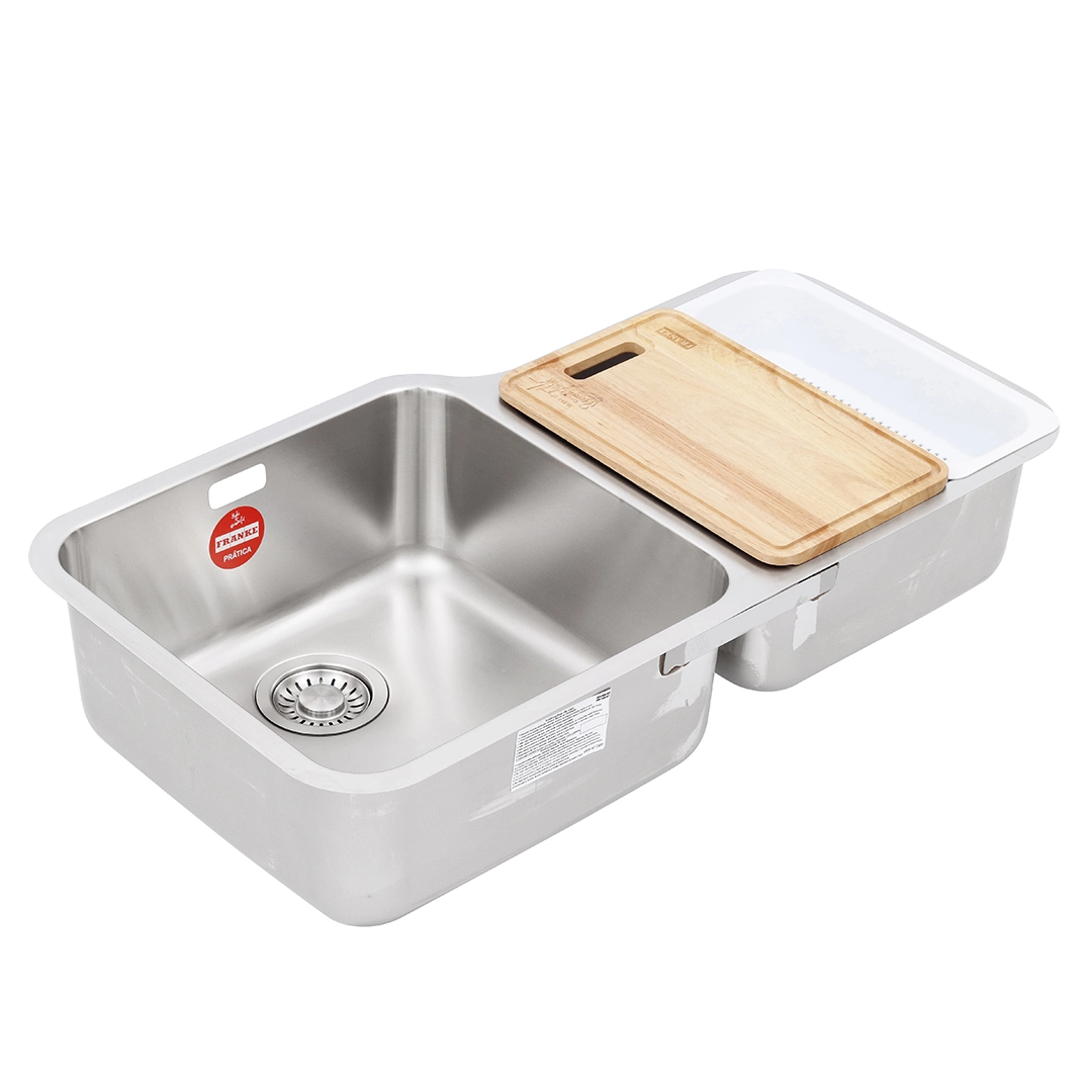 Cuba para Cozinha Dupla Gourmet Embutir Inox 304 84,5x46,5x20cm 0,8mm com Tábua Cesto Dosador de Sabão Bell Franke
