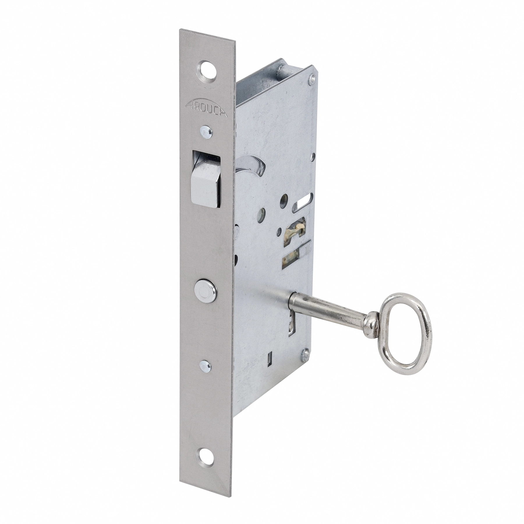 Fechadura Arouca Bico de Papagaio para Porta de Correr Polido 45mm Inox Chave Simples 6645/084