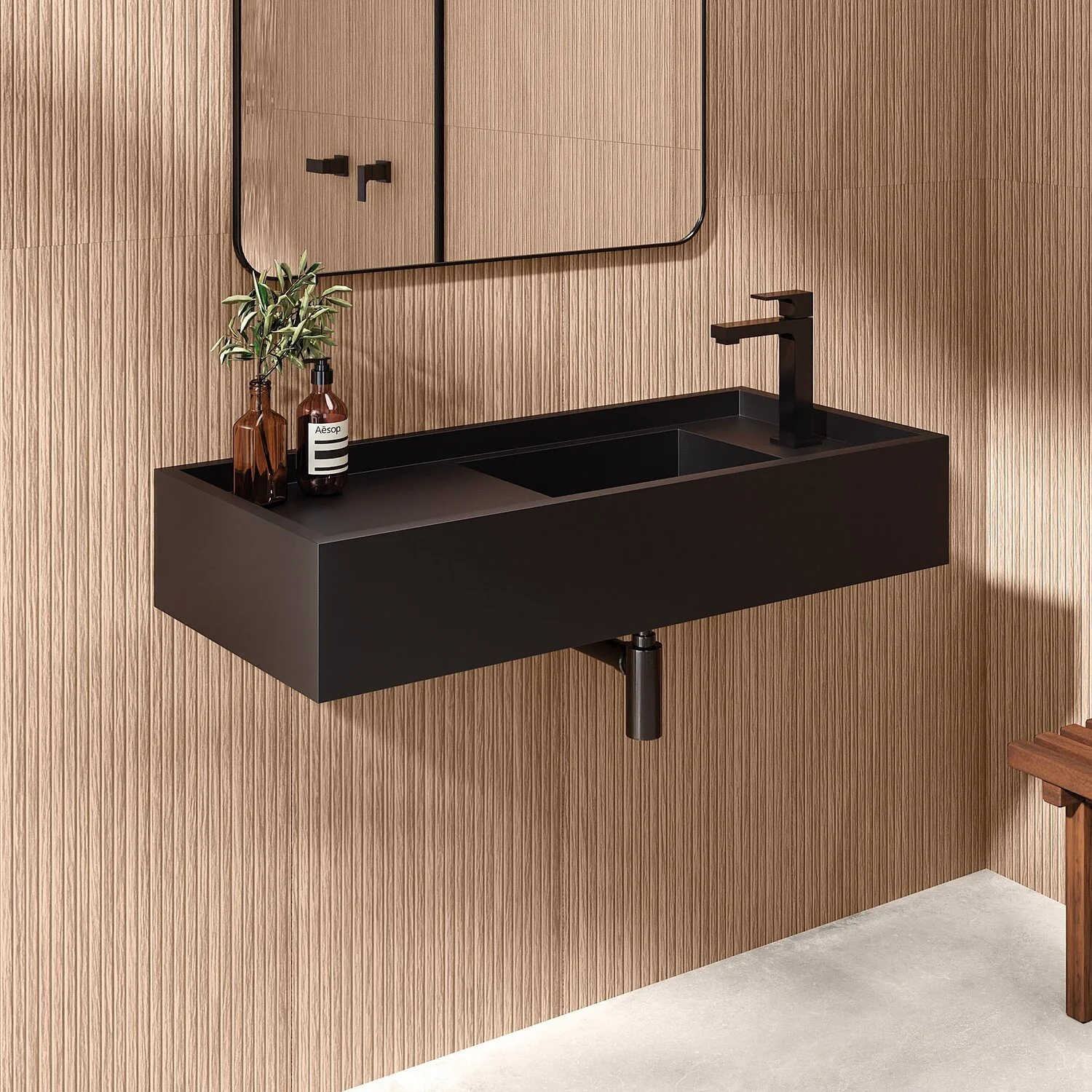 Bancada Cuba Esculpida De Porcelanato Para Banheiro Alto Padrão Portobello 100x45x15cm Acetinado Preto