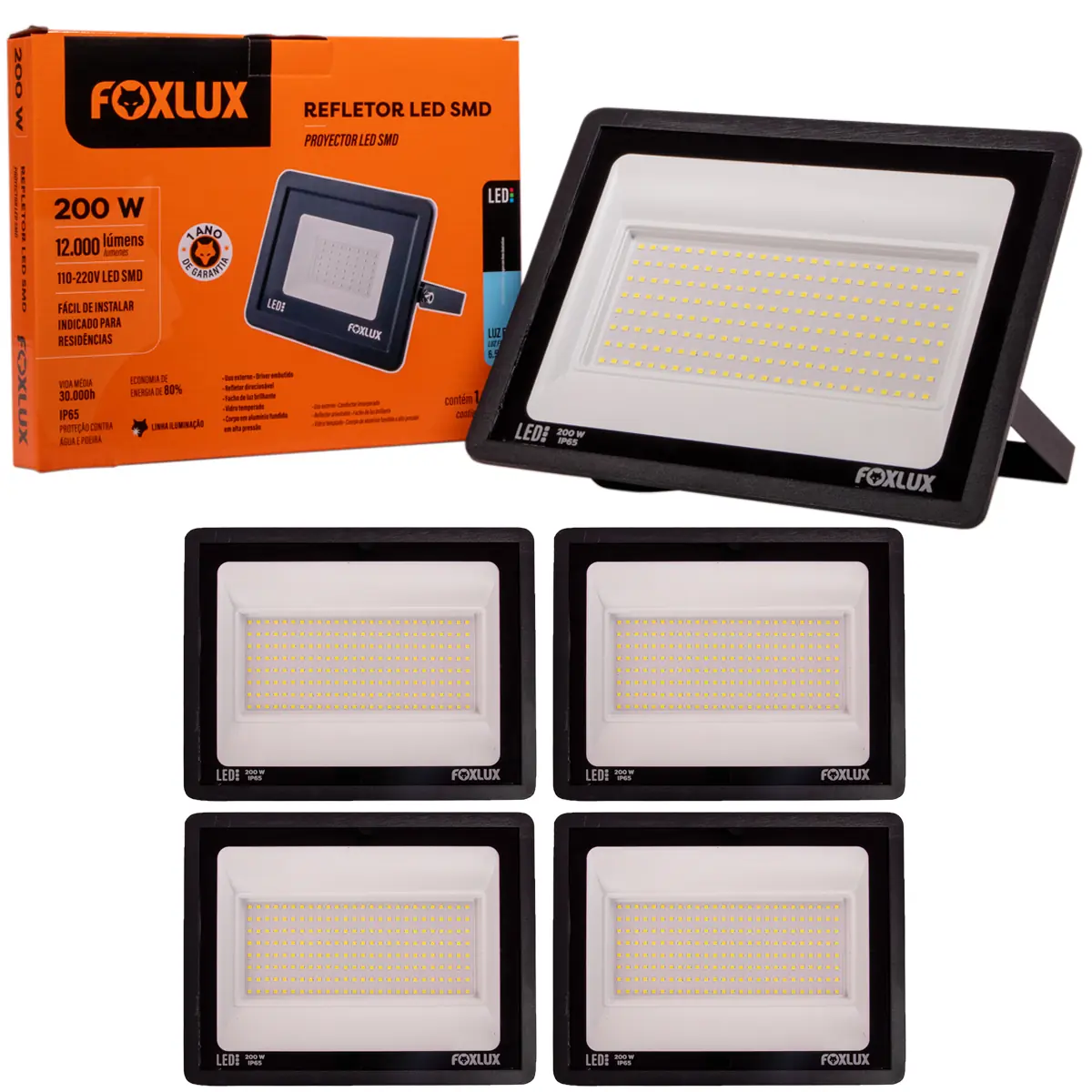 Kit 5 Refletor Led Foxlux 200w 6500k Bivolt Preto
