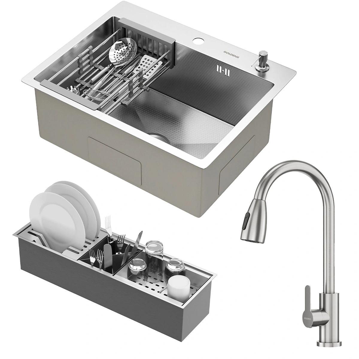 Kit Cuba Quebec 60cm Aço Inox 304 + Calha Organizadora Aço Inox + Torneira Roma Aço Inox GoldenX