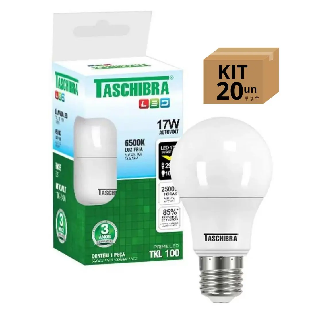 Kit 20 Lâmpadas Bulbo Led Taschibra Tkl Bivolt E27 17w 6500k