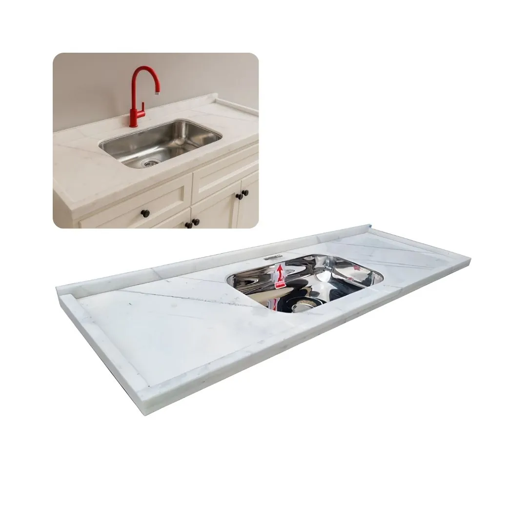 Pia Cozinha Mármore Branco 120cm Cuba Inox Acabamento Duplo  Branco