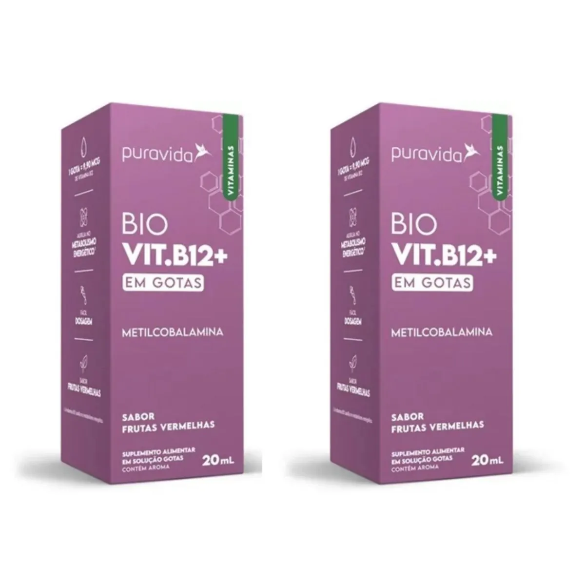 Kit 2 Bio Vit. B12+ Metilcobalamina Gotas Biodísponivel Puravida Frutas Vermelhas