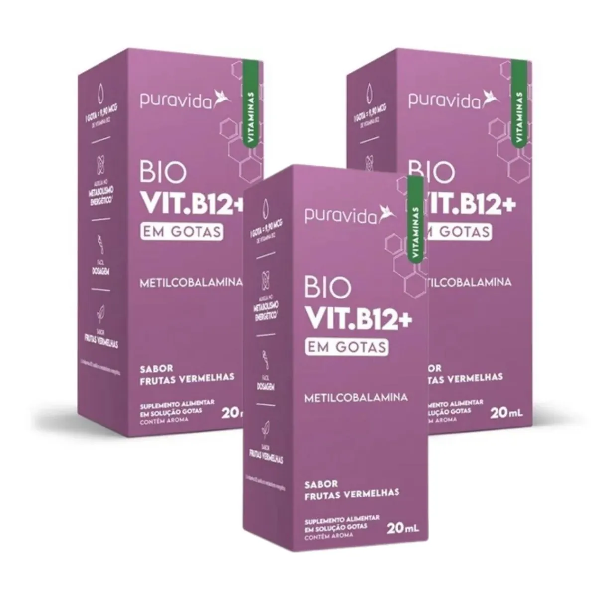 Kit 3 Bio Vit. B12+ Metilcobalamina Gotas Biodísponivel Puravida Frutas Vermelhas