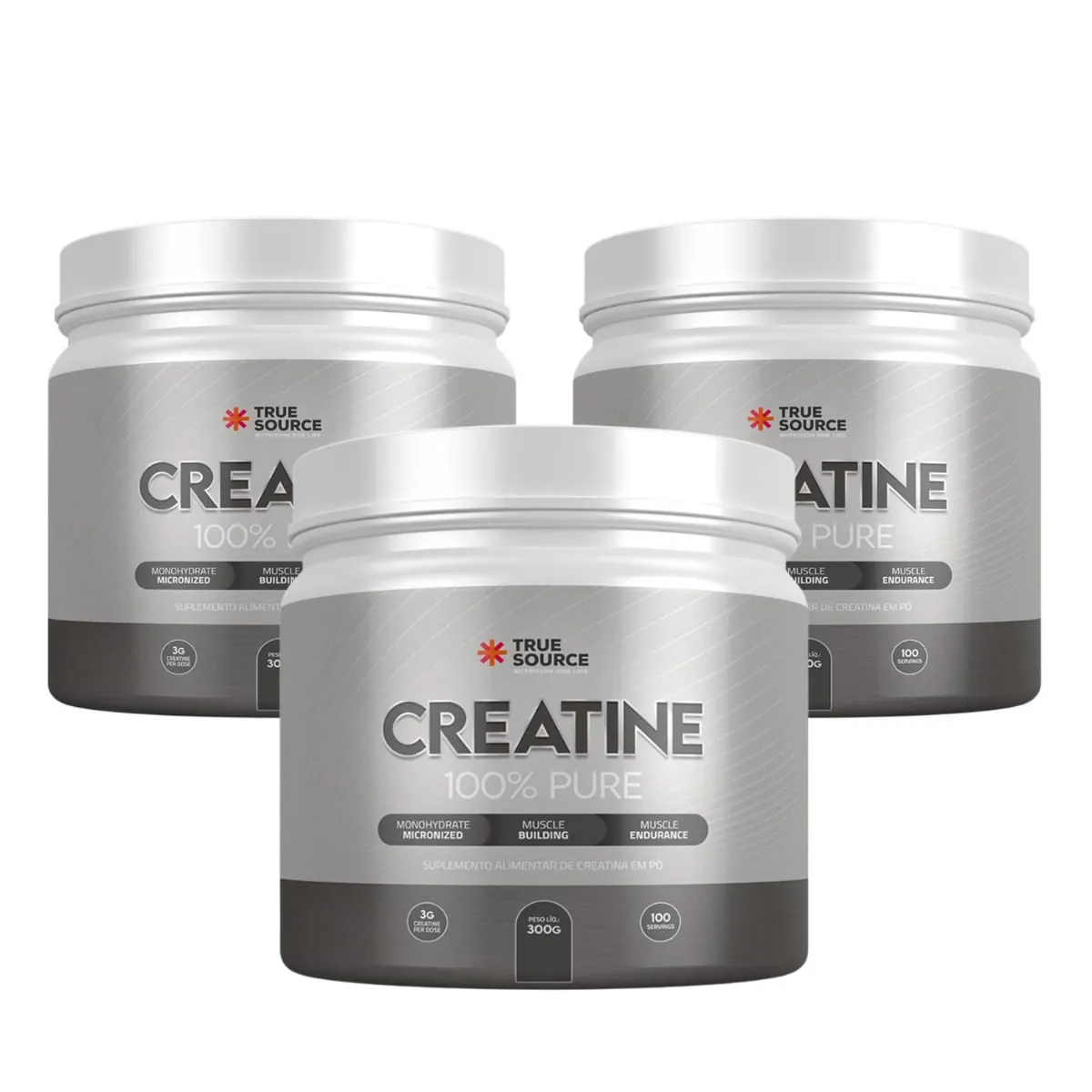Kit 3 True Creatine 100% Pure Creatina Monohidratada 300g TrueSource Sem Sabor